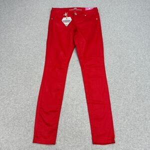 Almost Famous Coated Skinny Jeans Sz 3 Red Low-Rise Stretch Sheen Y2K Glam Denim